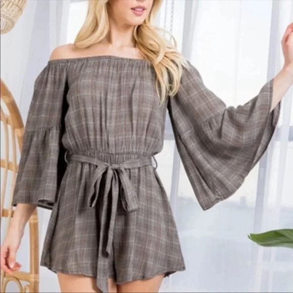 Boho Plaid Off Shoulder Romper | Bell Sleeve Cinched Waist Jumpsuit - Picture 11 of 11